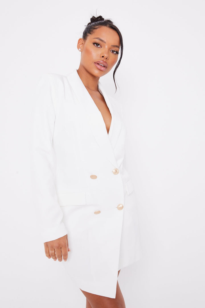 White Double Breasted Blazer Dress with Gold Buttons