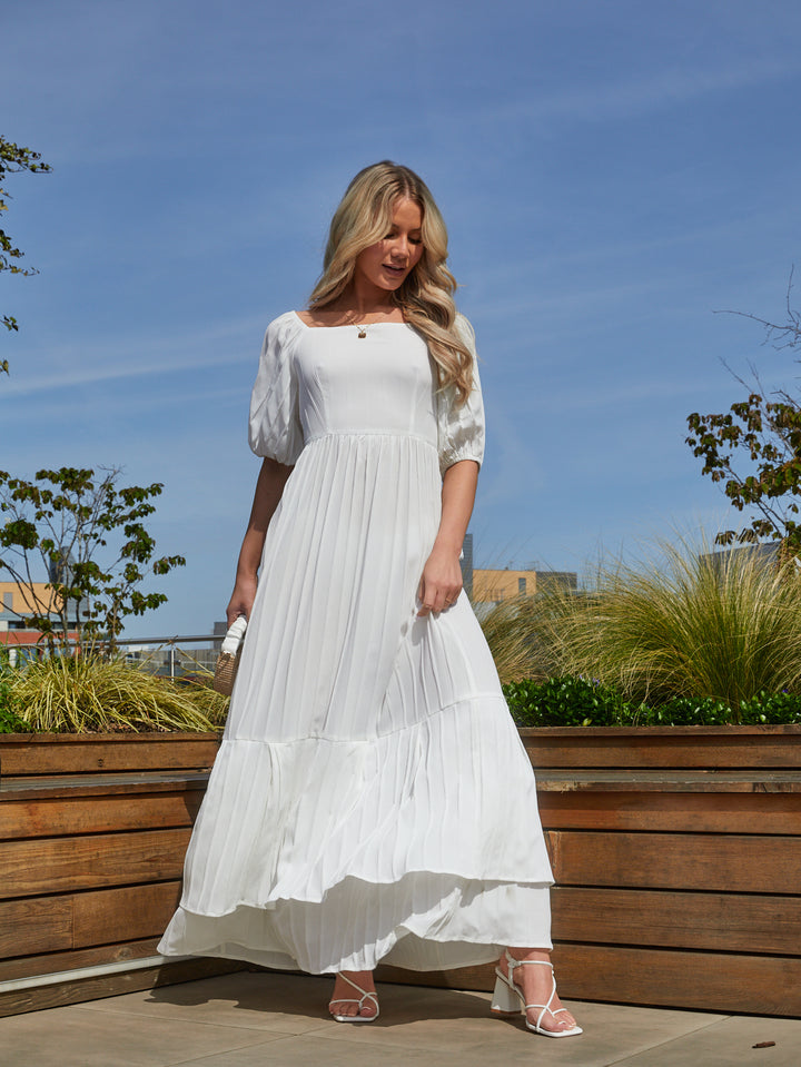 Puff Sleeve Tiered Maxi Dress in White