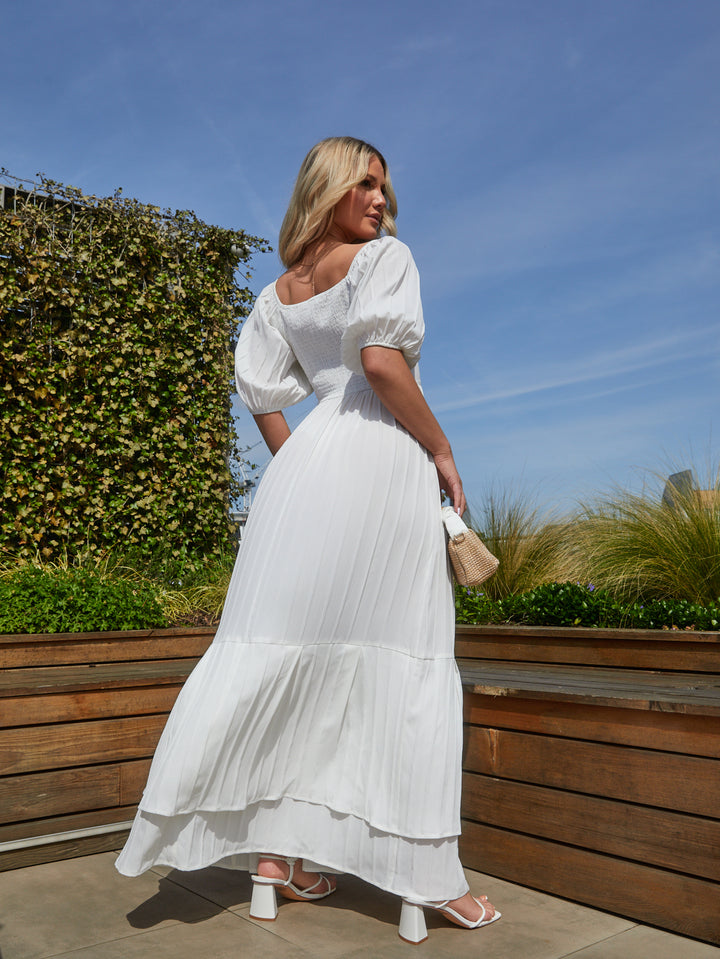 Puff Sleeve Tiered Maxi Dress in White