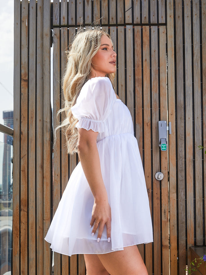 Organza Puff Sleeve Babydoll Dress in White