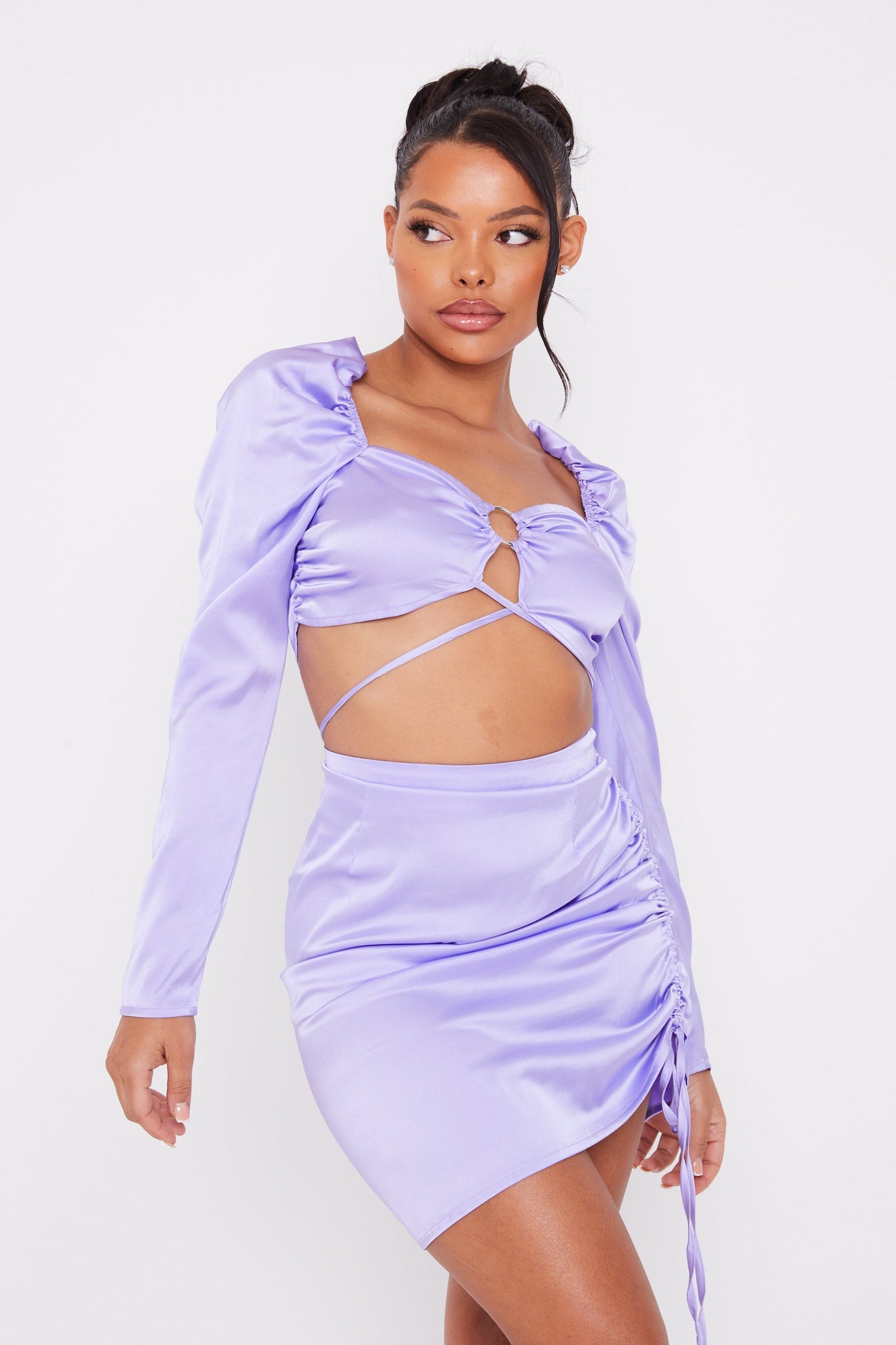 CO ORD SATIN RUCHED SKIRT IN LILAC