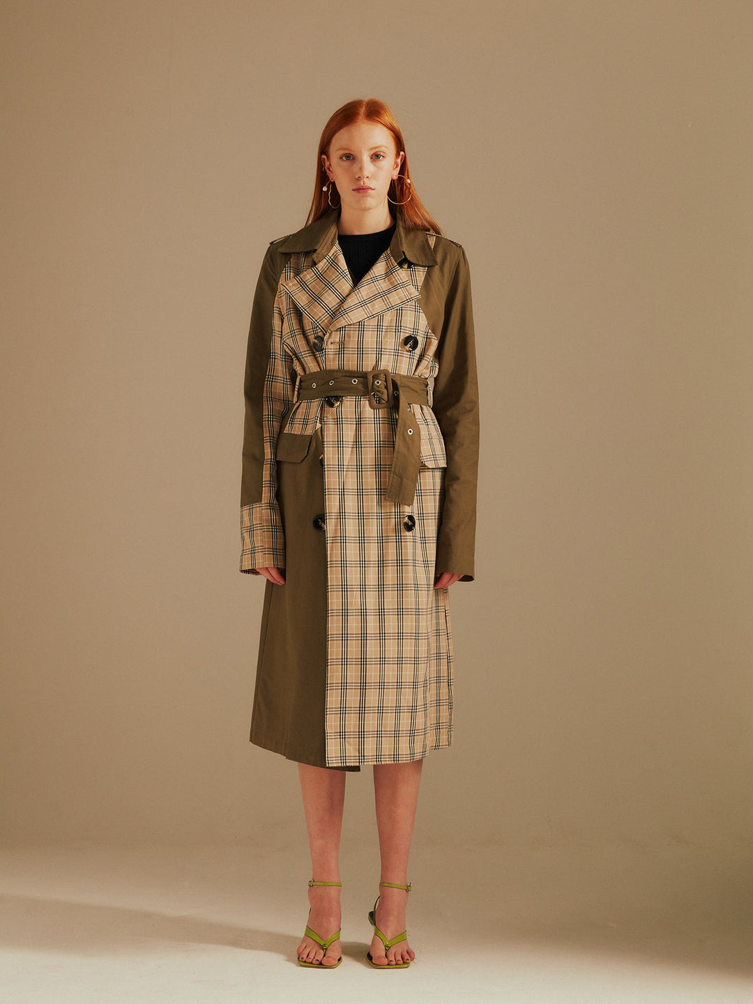 Khaki/Stone Chen Contrast Panelled Trench Coat