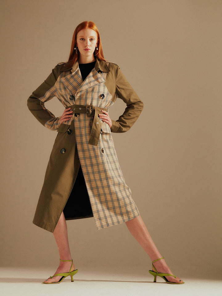 Khaki/Stone Chen Contrast Panelled Trench Coat