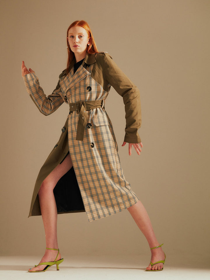 Khaki/Stone Chen Contrast Panelled Trench Coat