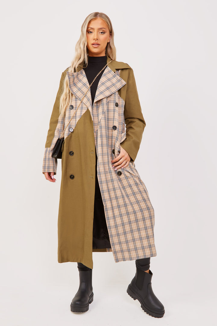 Khaki/Stone Chen Contrast Panelled Trench Coat