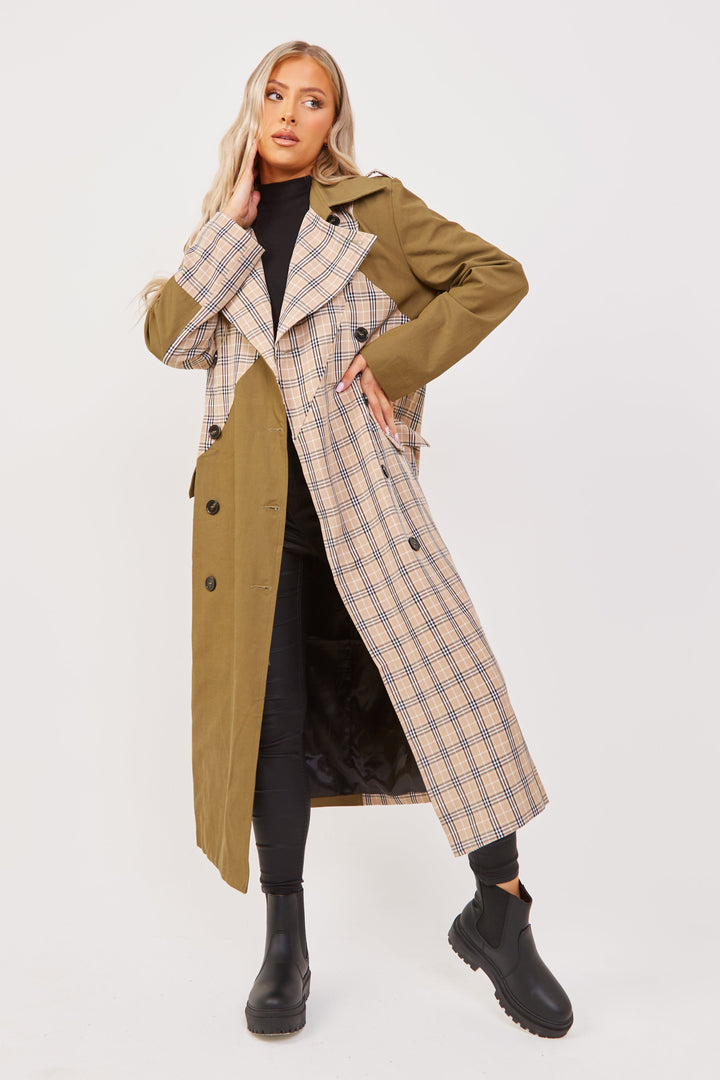 Khaki/Stone Chen Contrast Panelled Trench Coat