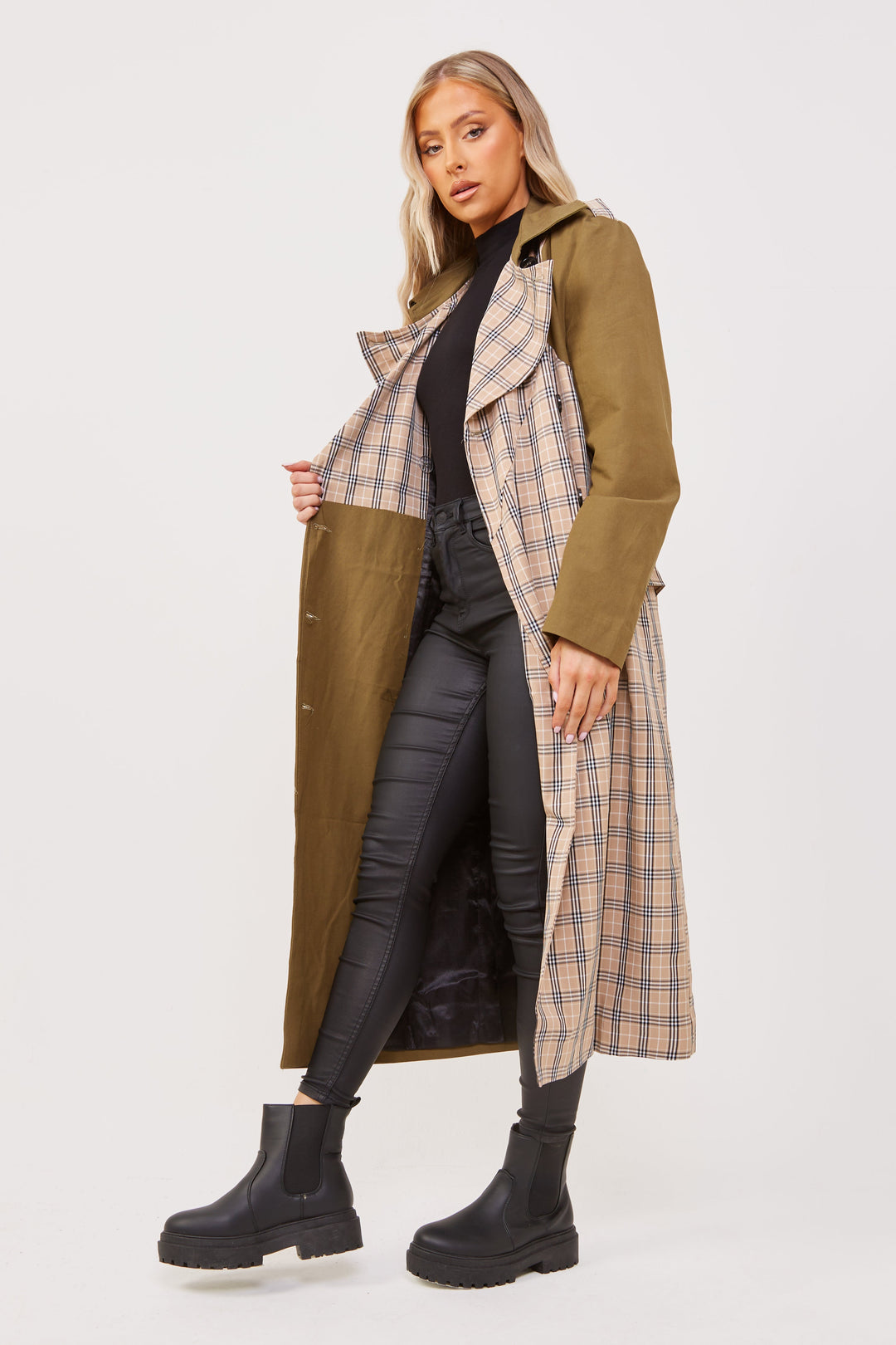 Khaki/Stone Chen Contrast Panelled Trench Coat