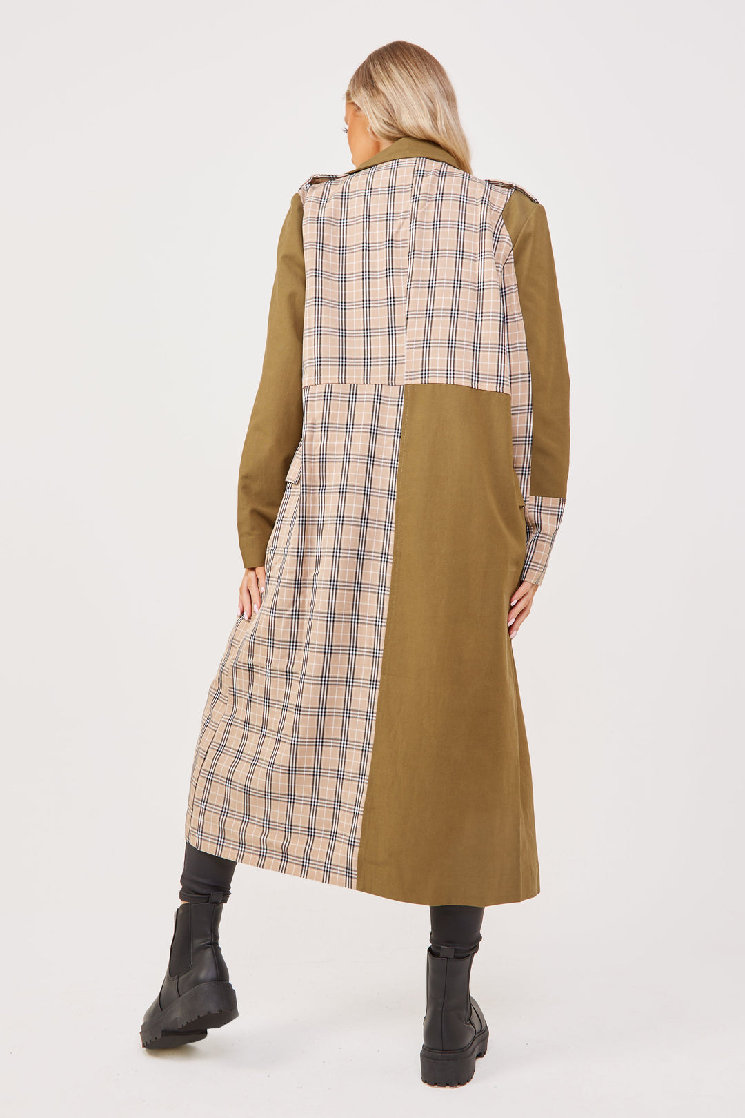 Khaki/Stone Chen Contrast Panelled Trench Coat