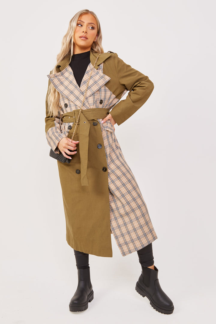 Khaki/Stone Chen Contrast Panelled Trench Coat