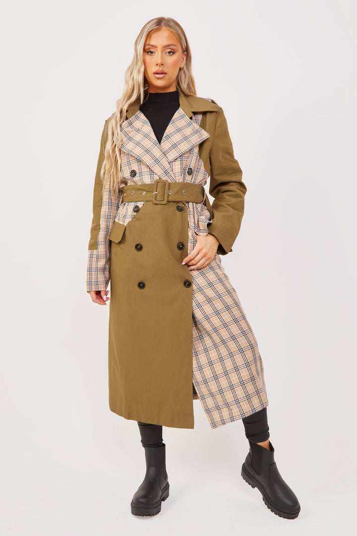 Khaki/Stone Chen Contrast Panelled Trench Coat