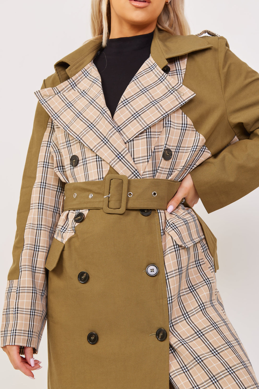 Khaki/Stone Chen Contrast Panelled Trench Coat