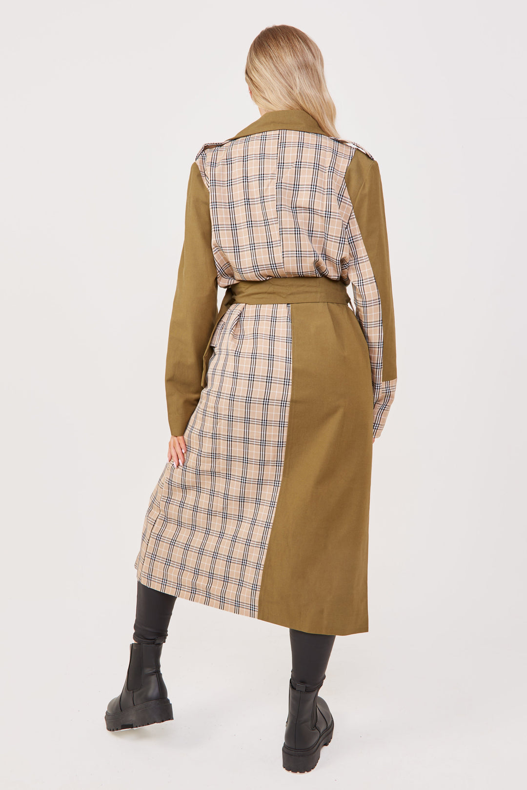 Khaki/Stone Chen Contrast Panelled Trench Coat