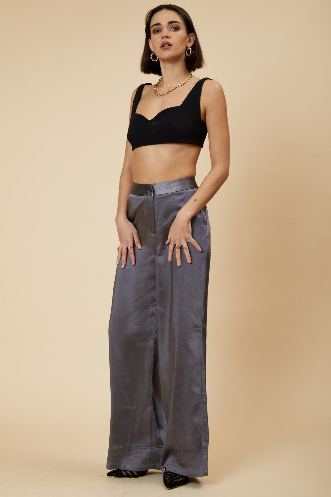 Luxe Satin Tailored Wide Leg Trousers Grey