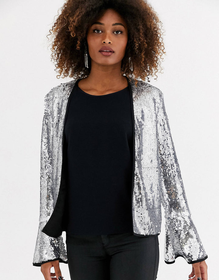 Silver Sequin Frill Kimono Blazer