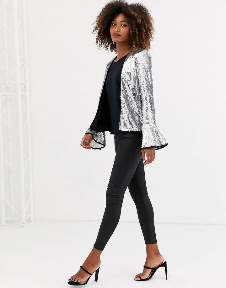 Silver Sequin Frill Kimono Blazer