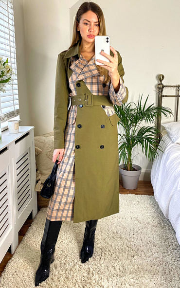 Khaki/Stone Chen Contrast Panelled Trench Coat