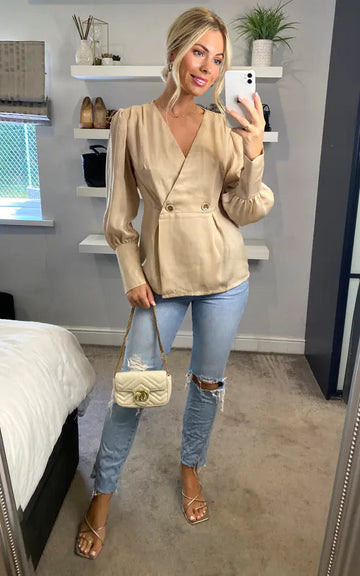 Unique21 Balloon Sleeve Satin Wrap Blouse