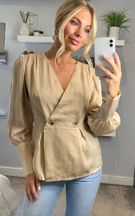 Unique21 Balloon Sleeve Satin Wrap Blouse