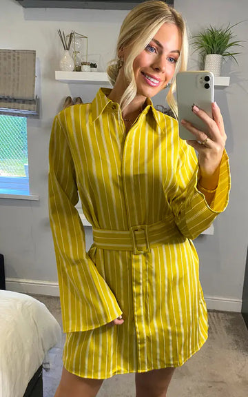 Unique21 Mustard Yellow Stripe Belted Shirt Dress