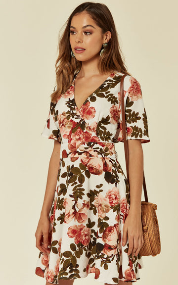 Floral Open Back Wrap Tea Dress